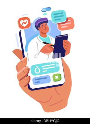 Virtuelle Gesundheitsversorgung, Online-Diagnose und medizinische Beratung. Der Patient kommuniziert mit dem Arzt über das Smartphone Stock Vektor