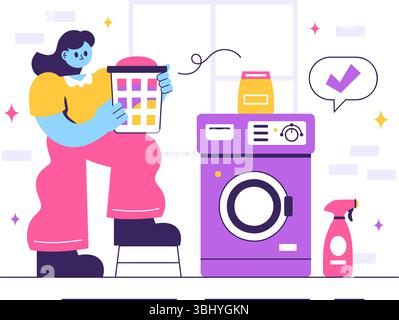 Wäschezimmer-Vektor-Illustration mit Wasch- und Trocknungsmaschinen, mit einem Korb gefüllt mit schmutziger Kleidung in einem flachen Stil-Cartoon-Hintergrund Stock Vektor