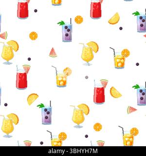 Nahtloses Sommermuster mit Pixel-Art-Cocktails und Früchten. Farbenfrohes 8-Bit-Design mit Ananas, Wassermelone, Orange und brombeere. Helles Retro Stock Vektor