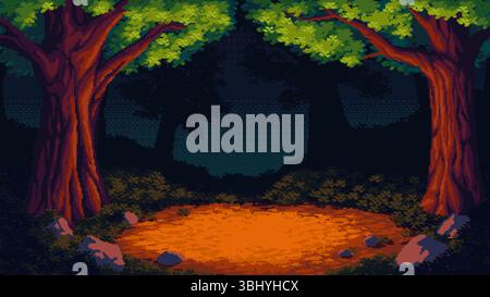 Pixelkunst eines dunklen Waldes mit einer leeren Lichtschicht in der Nacht. Geheimnisvolle Szene mit ruhiger Atmosphäre - Vektorillustration. Stock Vektor
