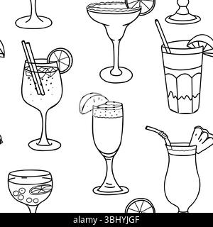 Nahtloses Muster mit Cocktailgrafik. Aperol Spritz, Margarita, Bellini, Pina Colada und Tequila Sunrise. Handgezeichnete Vektor-Illustration im Doodle-Stil Stock Vektor