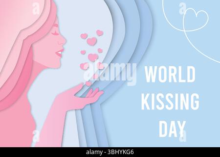 Eine stilisierte Illustration einer Frau mit langen rosa Haaren, die Herzen weht. Der Hintergrund ist in sanften Pastellfarben gehalten. Der Text lautet „Weltküsstag“. Stock Vektor