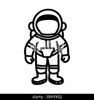 Eine einfache Linienzeichnung eines Cartoon-Astronauten in einem Weltraumanzug. Der Astronaut steht aufrecht, trägt einen Helm und Stiefel, in einem Grunddesign. Stock Vektor