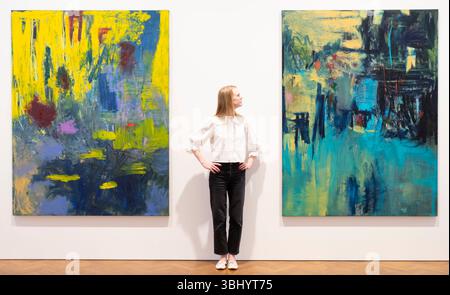 Thaddaeus Ropac, London, Großbritannien. Juni 2025. Megan Rooney: „Gelb-Gelb-Blau“ präsentiert eine Gruppe neuer großformatiger, farbenfroher abstrakter Leinwände sowie eine Reihe von monumentalen Gemälden, die an die Größe ihrer öffentlichen Aufträge und Wandgemälde erinnern. Das größte ihrer neuen Werke ist knapp sieben Meter breit und drei Meter hoch. Quelle: Malcolm Park/Alamy Live News Stockfoto