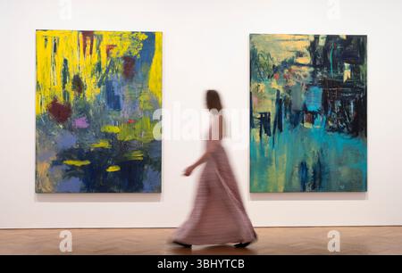 Thaddaeus Ropac, London, Großbritannien. Juni 2025. Megan Rooney: „Gelb-Gelb-Blau“ präsentiert eine Gruppe neuer großformatiger, farbenfroher abstrakter Leinwände sowie eine Reihe von monumentalen Gemälden, die an die Größe ihrer öffentlichen Aufträge und Wandgemälde erinnern. Das größte ihrer neuen Werke ist knapp sieben Meter breit und drei Meter hoch. Quelle: Malcolm Park/Alamy Live News Stockfoto