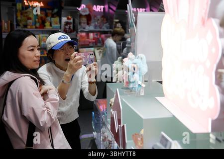 Shanghai, China. 11. Juni 2025. Käufer stöbern am 11. Juni 2025 in Pop Mart's weltweitem Flagship Store im Huangpu District in Shanghai, China. Die an der Börse in Hongkong notierten Aktien stiegen im Intraday um mehr als 4 % auf ein neues Allzeithoch, wobei das Handelsvolumen 3,2 Milliarden HK$ überstieg. Quelle: Yin Liqin/China News Service/Alamy Live News Stockfoto