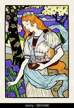 Illustration aus dem 19. Jahrhundert von Eugène Grasset, die eine anmutige rothaarige Frau in einem fließenden Kleid zeigt, die Rosen hält. Stockfoto