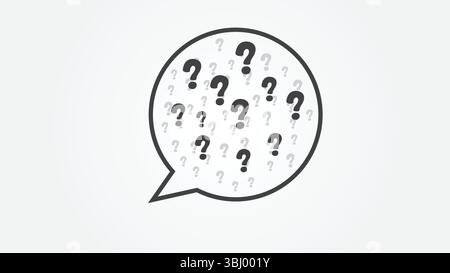Vektor-Illustration einer großen Sprechblase, gefüllt mit Fragezeichen, umgeben von kleineren. Ideal zur Darstellung von Brainstorming, Lösungen und a Stock Vektor