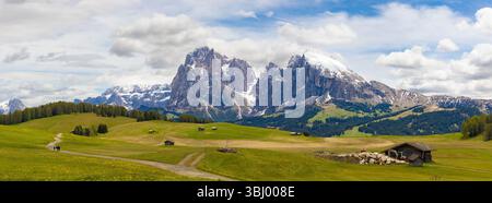 Panoramablick auf die Seiser Alm mit sanften grünen Wiesen, verstreuten traditionellen Holzhütten und der majestätischen schneebedeckten Langkofel-Berggruppe. Stockfoto