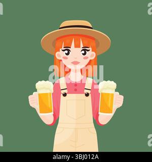 Mädchen, das Bierbecher hält, flache Vektor-Illustration. Stock Vektor