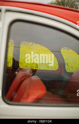 Aufnahme eines klassischen Citroen Two Horses Car mit markantem rotem Innenraum durch das Seitenfenster. Der auffällige Farbton des Äußeren bildet einen schönen Kontrast Stockfoto