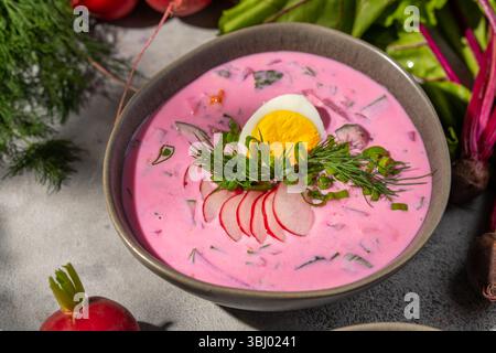 Eine lebendige kalte Rote-Bete-Suppe, garniert mit frischem Dill, Radieschen und einem halbierten gekochten Ei, serviert in einer Keramikschale neben Blattgemüse und Stockfoto