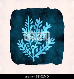 Minimalistische Illustration mit einem zarten blauen botanischen Design mit komplizierten Blättern vor einem strukturierten dunkelblauen Hintergrund, das an die Natur erinnert Stockfoto