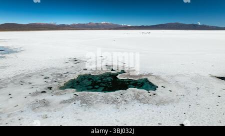 Aus der Vogelperspektive der Salinas Grandes Salinen in Salta, Argentinien, mit einem atemberaubenden Kontrast zwischen weißer Salzkruste und tiefen türkisfarbenen Wasserbecken Stockfoto