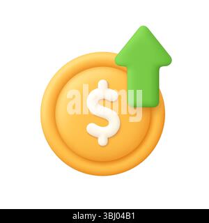 Dollarmünze mit Wachstumspfeil. Konzept für Investitionen, Finanztransaktionen, Geschäfts- und Finanzwachstum. Symbol für 3D-Vektor. Minimaler Cartoon-Style. Stock Vektor