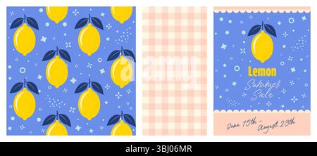 Set von Zitronen-Themen-Designs, frische gelbe Zitronen mit Blättern nahtlose Vektor-Muster und Gingham-Muster-Hintergrund, perfekt für Textilien, Tapeten, Stock Vektor
