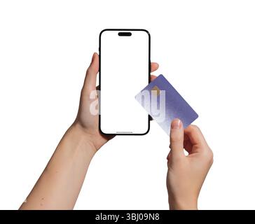 Hand hält ein Smartphone mit einer Bankkarte für Online-Zahlungen. Bargeldlose Transaktions-, Kredit-, Debit- und Einkaufsfunktionen über die mobile App. El Stockfoto