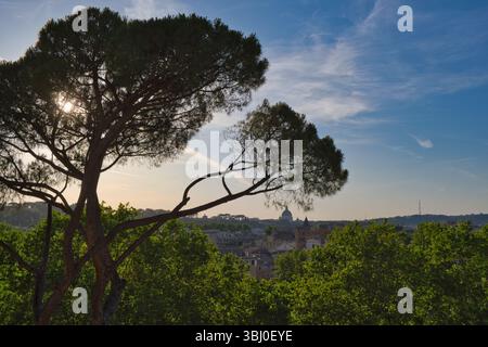Blick auf die Stadt Rom vom Giardino degli Aranci im Frühsommer Stockfoto
