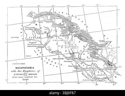 Abbildung der Karte Mesopotamiens mit den Königreichen Ninive und Babylon aus dem antiken 19. Jahrhundert die Bibel mit dem Alten und Neuen Testam Stockfoto