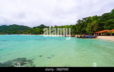 Tropischer Strand auf der Insel Ko Phi Phi in Thailand mit Palmen, üppigem Regenwald und traditionellen Langboot-Booten, die am Ufer unter dem B ankern Stockfoto