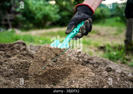 Arbeiten im Garten – Hand in schwarzen Gummihandschuhen hält kleine grüne Schaufel oder Schaufel mit etwas Erde, Nahaufnahme Stockfoto