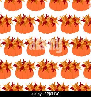 Freihand-Kürbis und Herbstlaub Komposition minimalistisches nahtloses Muster Herbstferien Hintergrund. Isolierte Vektor-Illustration herbstliche festliche thematisierte Karten, Poster, Banner, Faltblatt, Etikett, Preis Stock Vektor