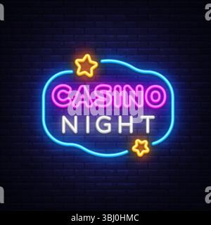 Neon-Kasino-Nachtschild mit leuchtenden Sternen auf dunkler Backsteinmauer. Farbenfrohe Partymotive in Blau, Rosa und weiß. Nachtleben-Leuchttafel im Retro-Stil. Stock Vektor