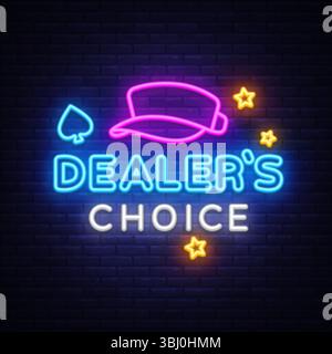 Neon-Schild mit Pokerhut, Spatensymbol und leuchtenden Sternen. Brillante Komposition für Spiele, Turniere oder Casino-Anzeigen. Stock Vektor