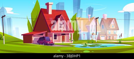Vorstadthausszene mit roter Garage, Auto parkt draußen in der Nähe eines kleinen Teichs, wo Frösche springen - friedliche Nachbarschaftslandschaft mit Stadtsilhouette Hintergrund, grünem Rasen, Stromleitungen. Wohngebiet. Stock Vektor