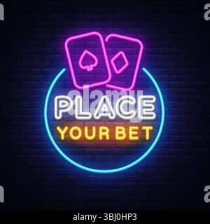 Platzieren Sie Ihr Wetten-Neonschild mit leuchtenden Spielkarten oben, Text in weiß und Orange, Casino-Schriftzug im Kreis mit blauem Rahmen. Stock Vektor