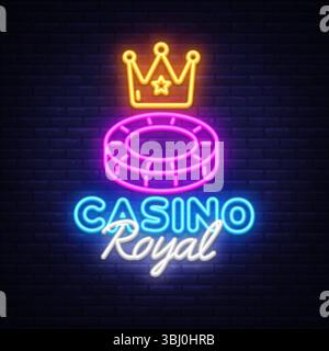 Casino Royal Neontext mit Krone und Pokerchip in Pink, Gelb und Blau, elegantem Schriftzug und auffälliger Schriftart-Kombination an dunkler Ziegelwand. Stock Vektor