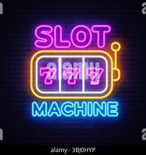 Neonschild für Spielautomaten mit dreifachen 777 Symbolen und Hebelsymbol auf dunklem Hintergrund. Leuchtende Komposition für Spielwerbung und Banner. Stock Vektor