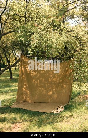 Leinen-Hintergrund für ein Fotoshooting im Garten. Hochwertige Fotos Stockfoto