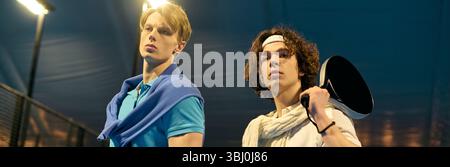 Zwei junge Sportler posieren selbstbewusst auf einem gut beleuchteten Padel-Platz während ihres Spiels, Banner Stockfoto