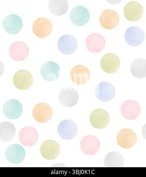 Einfaches, Halbloses Punktmuster. Aquarellmalerei mit bunten Punkten isoliert auf weißem Hintergrund. Abstraktes Geometrisches Endloses Polka Dots-Muster. Stockfoto
