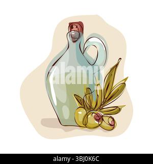 Olivenöl in Flasche und Zweig mit Obst und grünen Blättern Illustration. Stock Vektor
