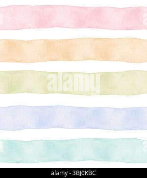Aquarellfarben Bunte Streifen auf weißem Hintergrund. Abstraktes Muster mit horizontalen Pinselstreifen in Regenbogenfarben. Einfaches Nahtloses Geometrisches Muster. Stockfoto