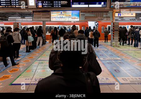 Pendler stehen in geordneten Warteschlangen und warten auf die rote Keikyu-Linie Stockfoto