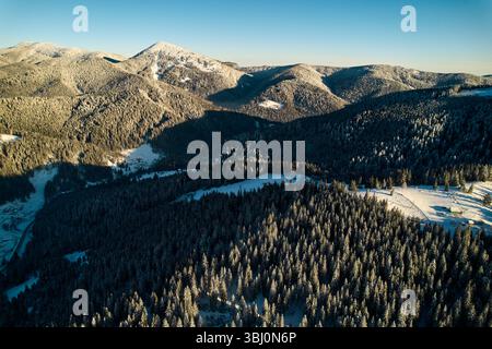 Atemberaubende Winterlandschaft mit schneebedeckten Feldern und dichten Kiefernwäldern aus der Vogelperspektive. Kleines Dorf zwischen Bäumen, während ferne Berge majestätisch unter klarem blauen Himmel stehen. Stockfoto