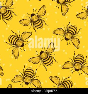 Nahtloses Muster mit Bienen. Kleine Wespe. Vektorabbildung. Design für Einladung, Karten, Textil, Stoff. Doodle-STYLE Stock Vektor