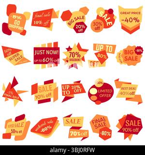 Set mit Rabattetiketten, Etiketten, Emblemen. Online-Sammlung mit Aufklebern und Abzeichen zum Verkauf. Isolierte Vektordarstellung. Stock Vektor