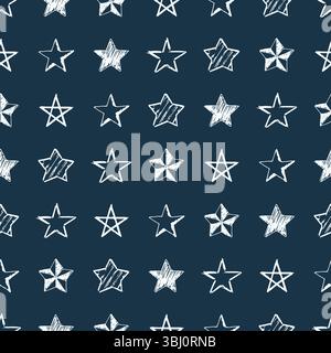 Nahtloser Hintergrund von Kritzelsternen. Weiße handgezeichnete Sterne auf blauem Hintergrund. Vektorabbildung Stock Vektor