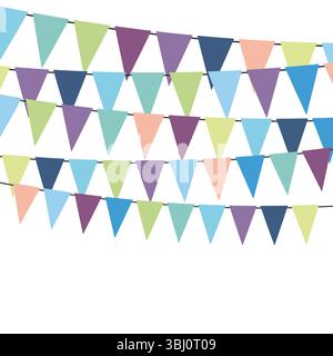 Farbenfrohe Fahnen und bunte Girlanden zur Dekoration. Dekoelemente mit verschiedenen Mustern. Vektorabbildung Stock Vektor