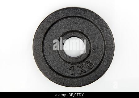 Ein Kilogramm Gusseisengewicht für Gewichtheben und Bodybuilding-Training, isoliert auf weißem Hintergrund Stockfoto