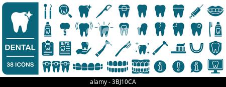 Icons für Zahnpflege gesetzt. Zahnarzt, Mundgesundheit Logo-Sammlung. Icon Zahn, Zähne, Karies, Implantat, Prothesen. Vektorabbildungsbild. Isoliert am Stock Vektor