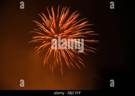Shrewsbury Flower Festival Firework schafft Orange Sky Anemone, die den Himmel über dem Steinbruch in Shrewsbury, Shropshire, West Midlands, England beleuchtet Stockfoto