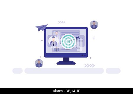 Vektorillustration eines Computermonitors mit Ziel und Pfeil, umgeben von Geschäftsavataren für Zielsetzung und Vernetzung Stock Vektor