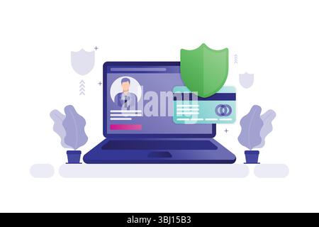 Vektorillustration eines Laptops mit grünem Schild und gelben Firewall-Blöcken, Cybersicherheit und digitalem Schutzkonzept Stock Vektor