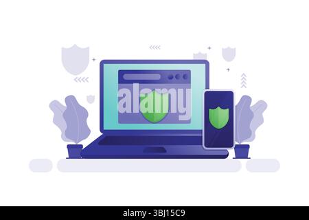 Vektorillustration von Laptop und Smartphone mit grünen Schildsymbolen für Cybersicherheit und digitalen Schutz Stock Vektor