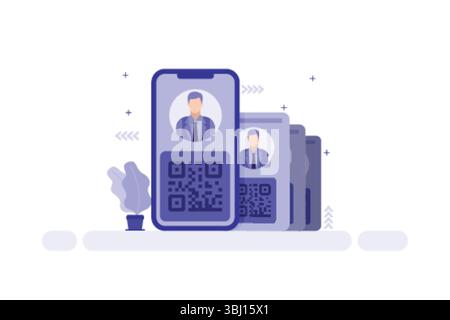 Digitale Unternehmensprofile – Smartphones mit QR-Codes und professionellen Avataren Stock Vektor